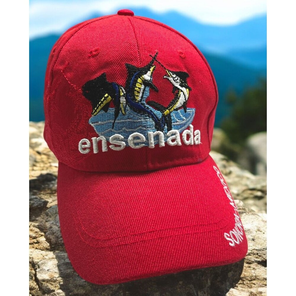 Ensenada Sonora Mexico Red Hat Cap Strapback Marlin Fish Ocean Embroidery